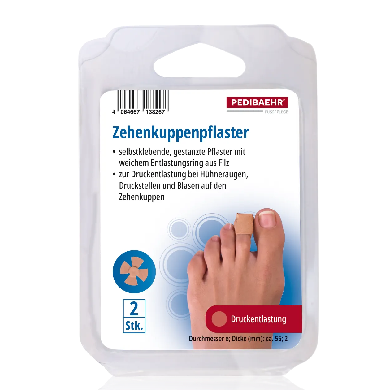 PEDIBAEHR Zehenkuppenpflaster – Linderung bei Blasen & Hühneraugen, 2Stk, Verpackung