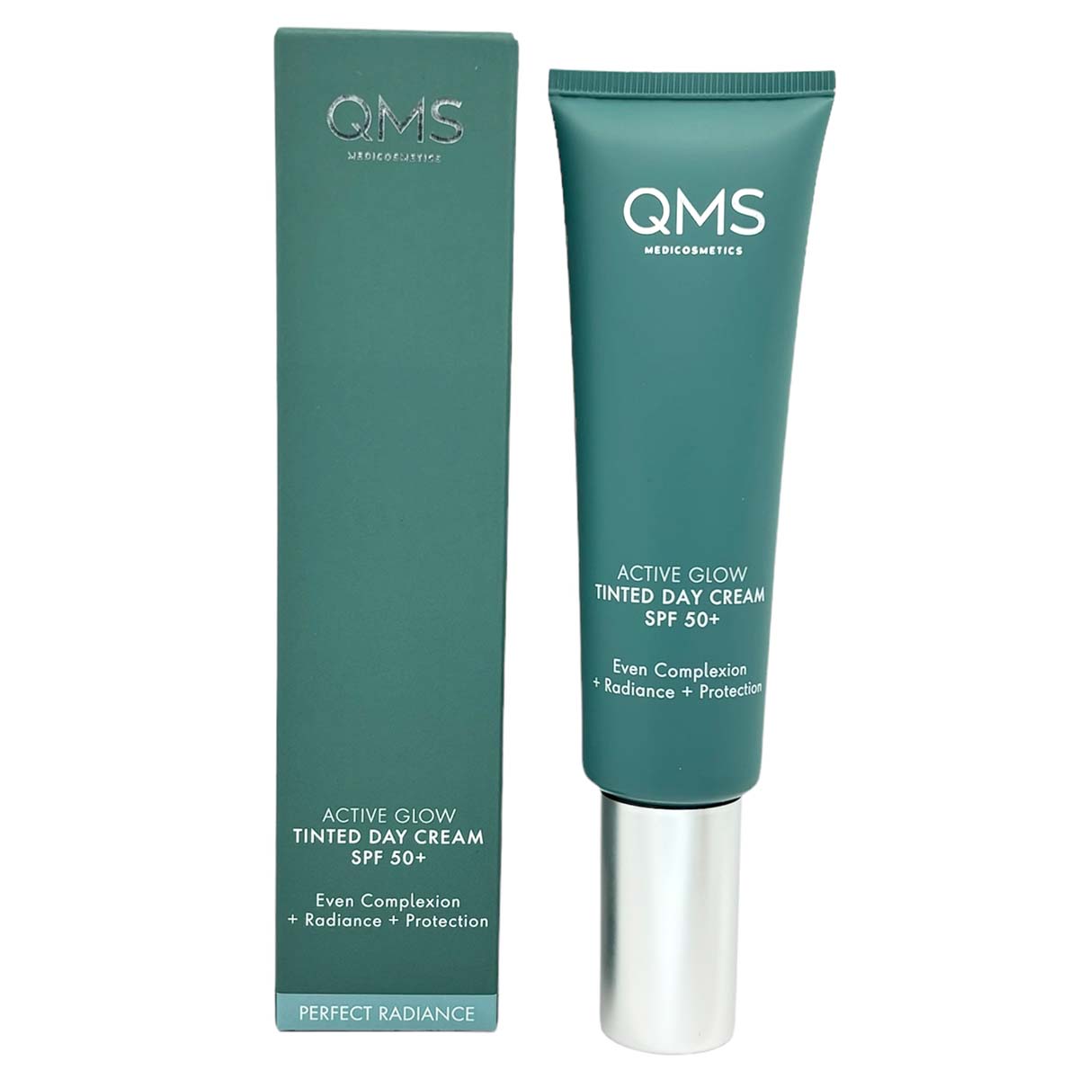 QMS Active Glow SPF50+ Tinted Day Cream – getönter Sonnenschutz, 50ml, Tube und Umkarton