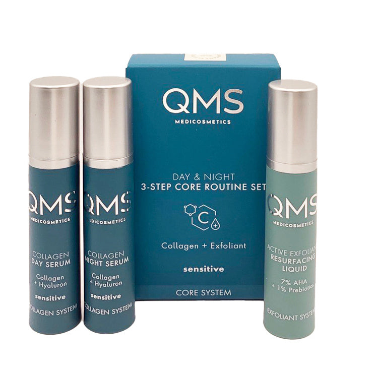 QMS CORE SYSTEM Collagen + Exfoliant Set Sensitiv – Anti-Aging Pflege-Routine, 3x7ml, Spender und Umkarton