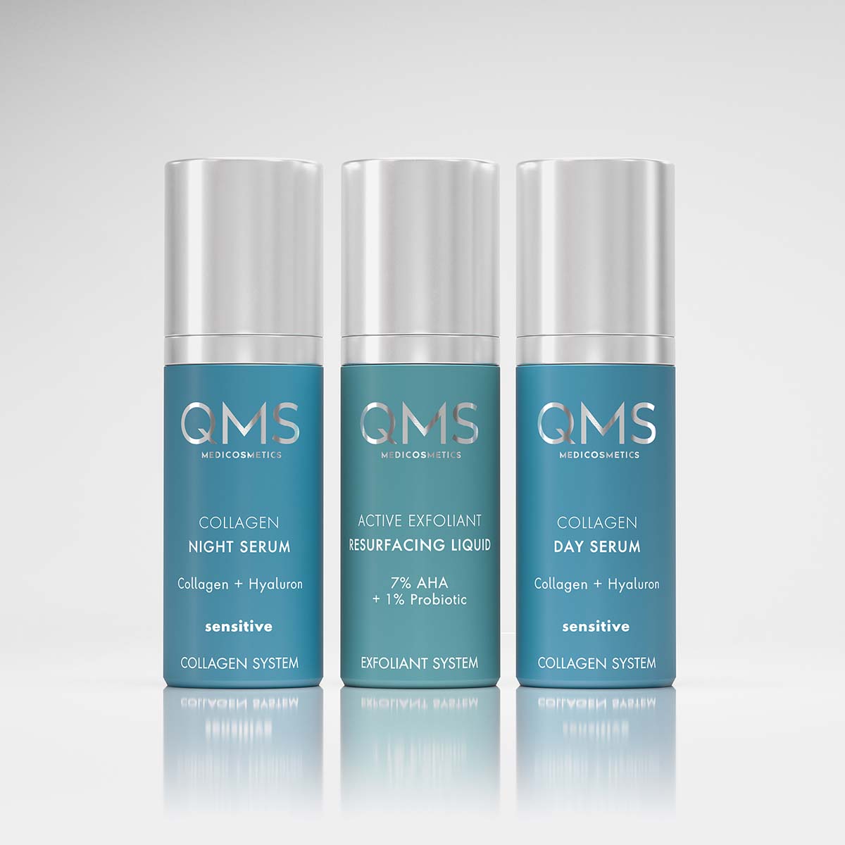 QMS Day & Night 3-Step Core Routine Set Sensitive, 3x30ml, Spender vor grauem Hintergrund