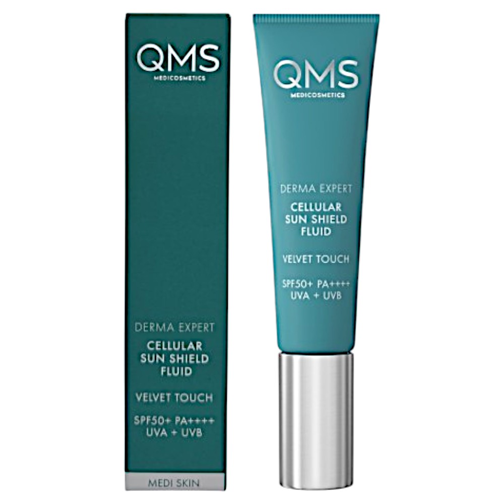 QMS Derma Expert Cellular Sun Shield Velvet Touch SPF50+ – Sonnenschutz, 30ml, Tube und Umkarton