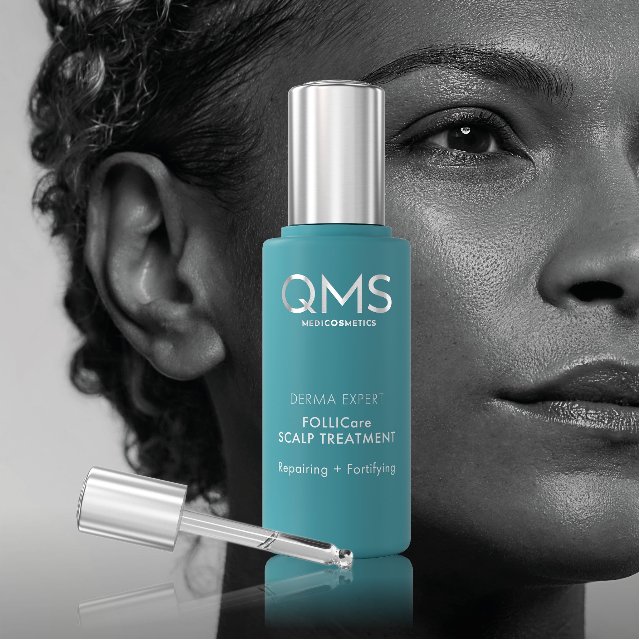 QMS Derma Expert FOLLICare Scalp Treatment – Haarwachstum förderndes Serum, 50ml, Gesicht Frau Spenderflasche und Pipette