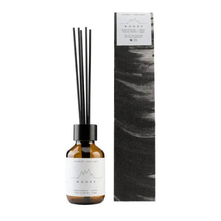 RUCK Raumduft inkl. 4 Duftstäbchen - WOODS Alpenkräuter & Salbei, 100ml, Flacon Duftstäbchen und Umkarton