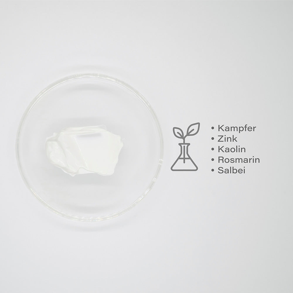 SKINFONIE the mask camphor & zinc – Crememaske für unreine Haut, 200ml, Produktprobe in Petrischale