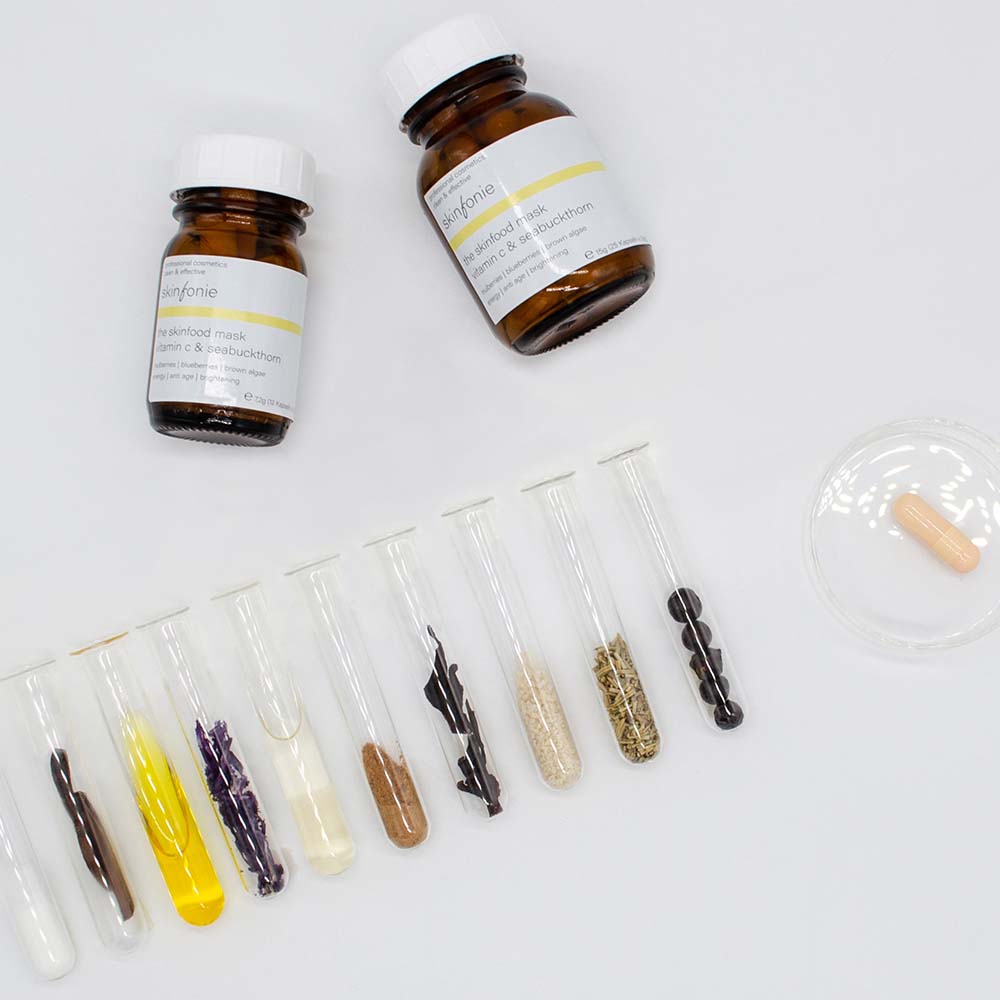 SKINFONIE the skinfood mask vitamin c & seabuckthorn – Mousse-Maske, 25Stk+50Stk, Gläser und Reagenzgläser
