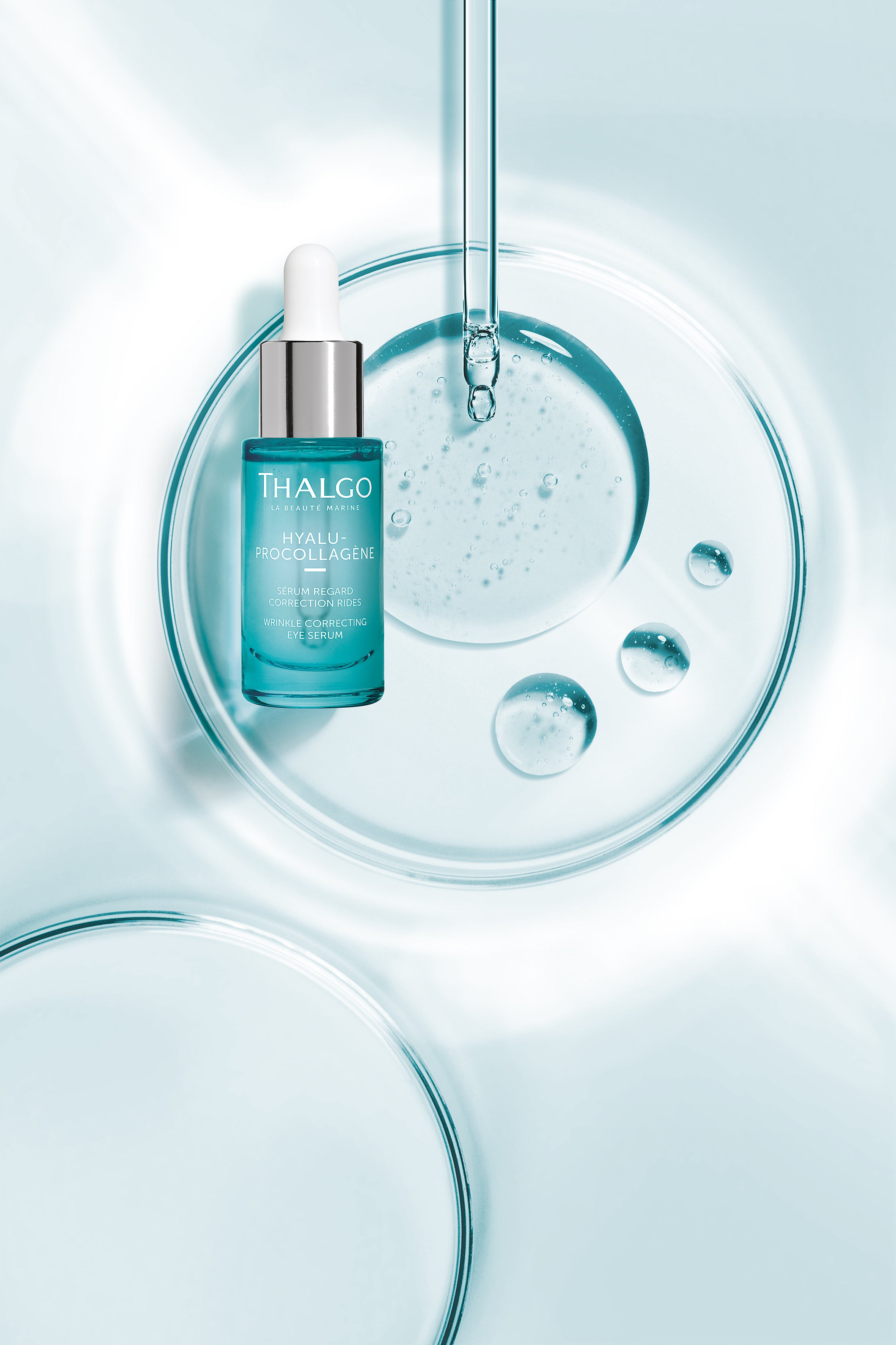 THALGO HYALU-PROCOLLAGÈNE - Faltenkorrigierendes Augenserum, 15ml, Pipettenflasche, gefüllte Pipette und Serumtextur