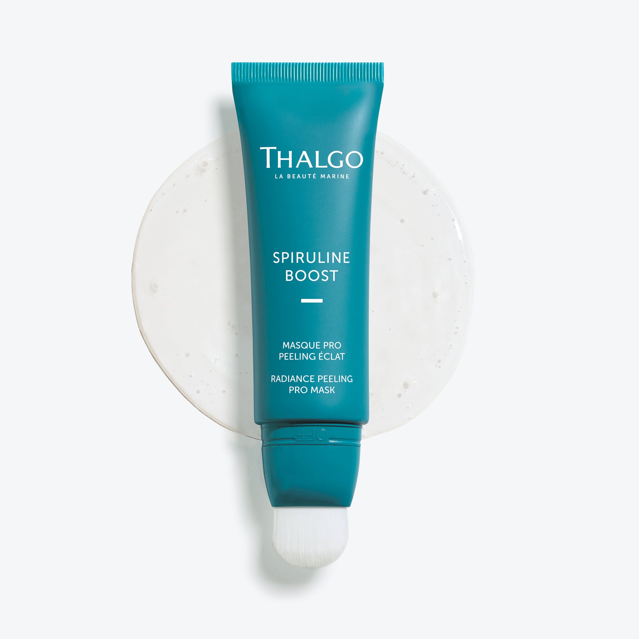 THALGO Spirulina Boost - Vitalisierende Peeling-Maske, 50ml, Tube offen mit Maskenprobe