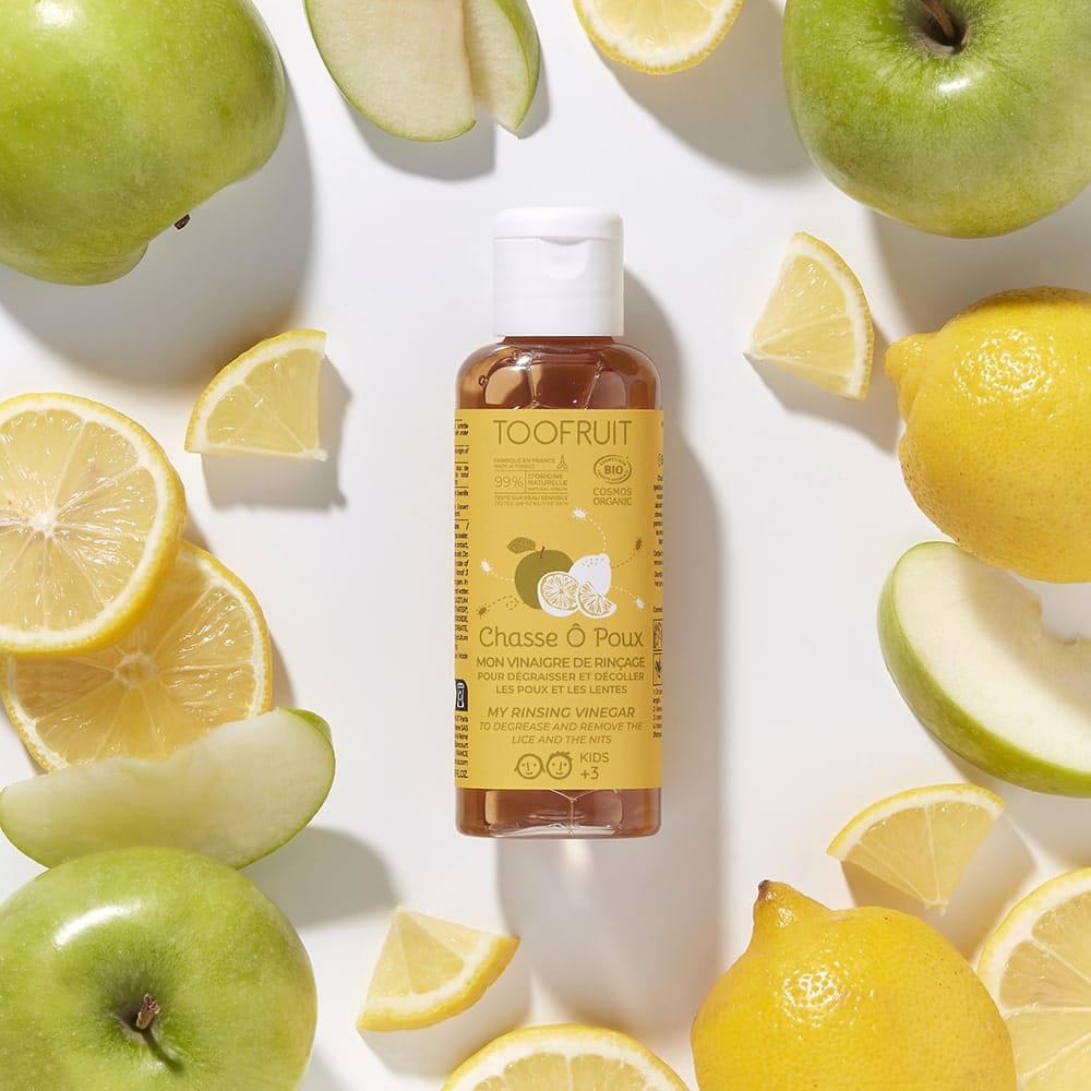 TOOFRUIT Chasse Ô Poux Anti-Läuse Essigspülung – 100ml, Flasche mit Zitronenscheiben und Äpfeln