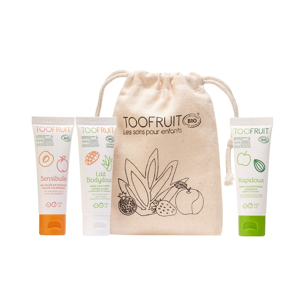 TOOFRUIT Reiseset für Kinder, 3x25ml, Baumwollbeutel + Einzelprodukte