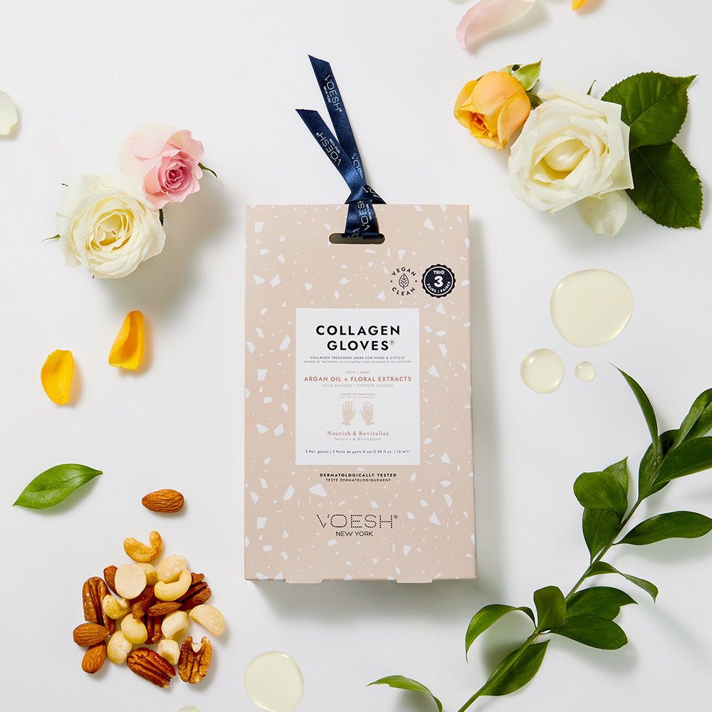 VOESH Collagen Gloves Trio + Argan Oil & Floral Extracts – 3Stk, Umkarton mit Rosenblüten und Nüssen