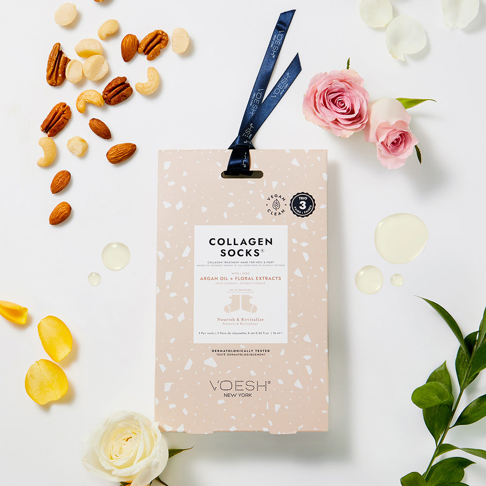 VOESH Collagen Socks Trio + Argan Oil + Floral Extracts – 3Paar, Umkarton mit Rosenblüten und Nüssen