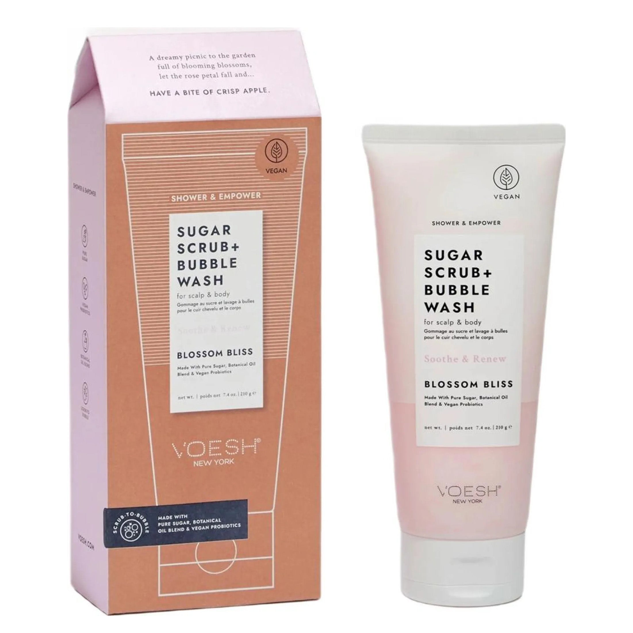 VOESH Sugar Scrub + Bubble Wash For Scalp and Body - Blossom Bliss , 210g, Tube und Umkarton