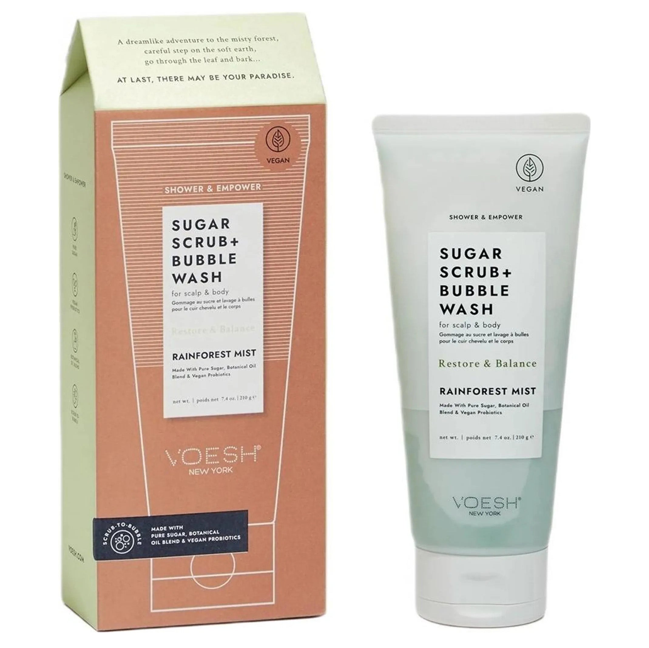 VOESH VOESH Sugar Scrub + Bubble Wash For Scalp and Body - Rainforest Mist, 210g, Tube und Umkarton