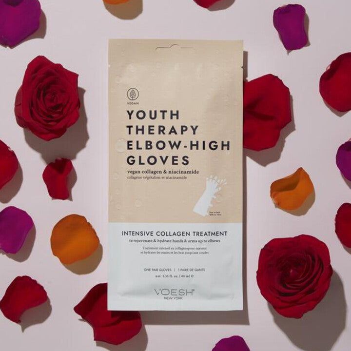 VOESH Youth Therapy Elbow-High Gloves – 1Stk, Verpackung mit Rosenblüten