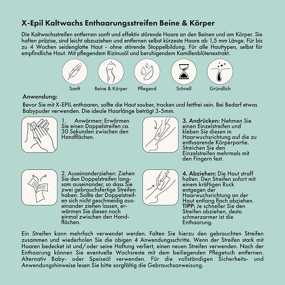 X-EPIL Kaltwachs-Enthaarungsstreifen breit – Beine u. Körper, 16Stk, Umkarton Rückseite