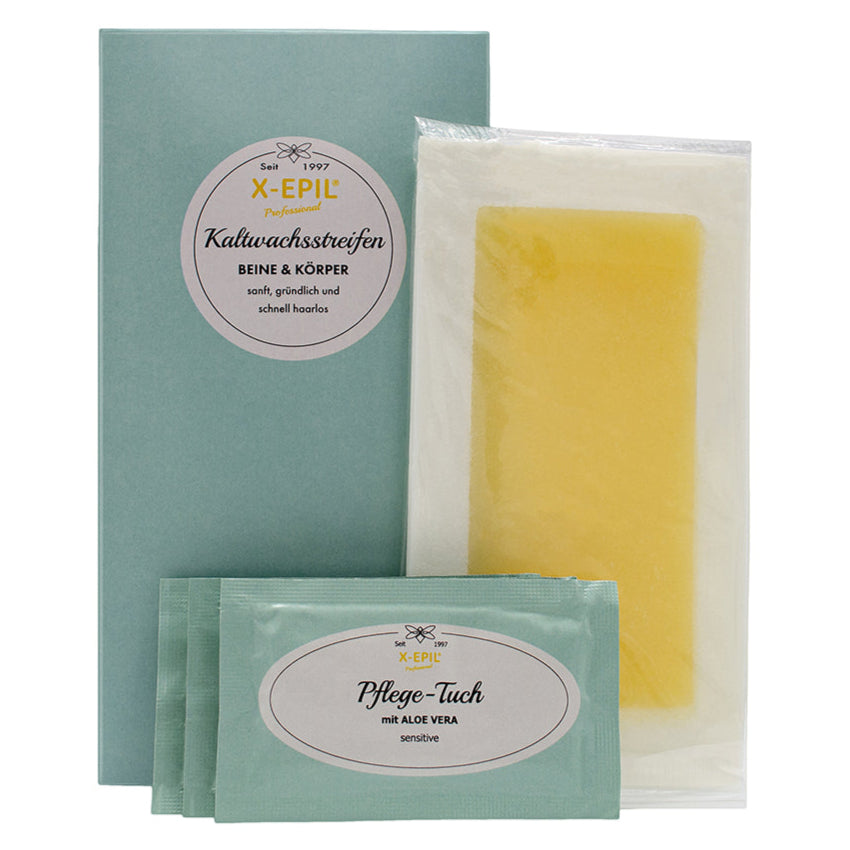X-EPIL Kaltwachs-Enthaarungsstreifen breit – Beine u. Körper, 16Stk, Umkarton Wachsstreifen und Aloe Vera Pflegetücher