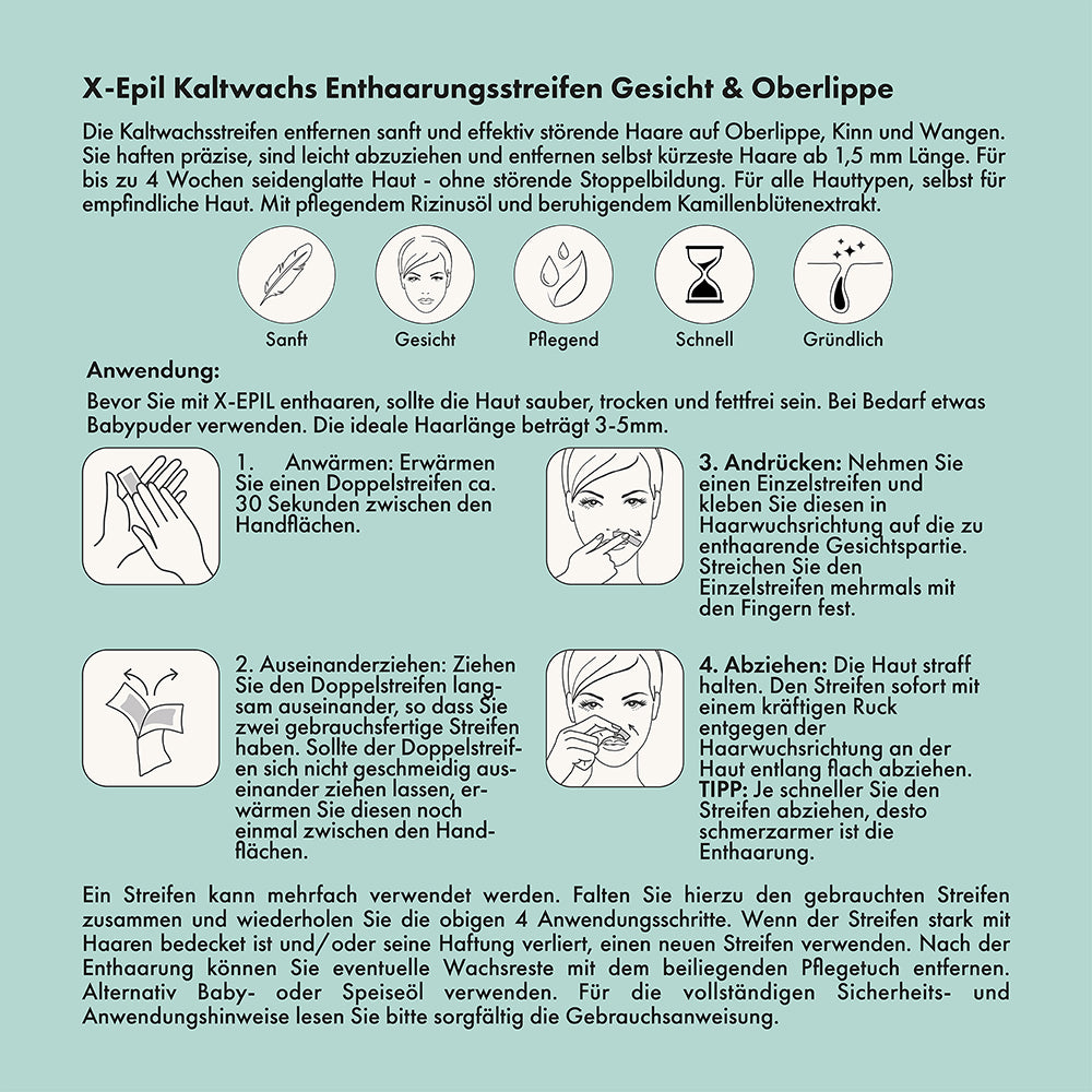X-EPIL Kaltwachs-Enthaarungsstreifen schmal – Gesicht, 24Stk, Gebrauchsanweisung