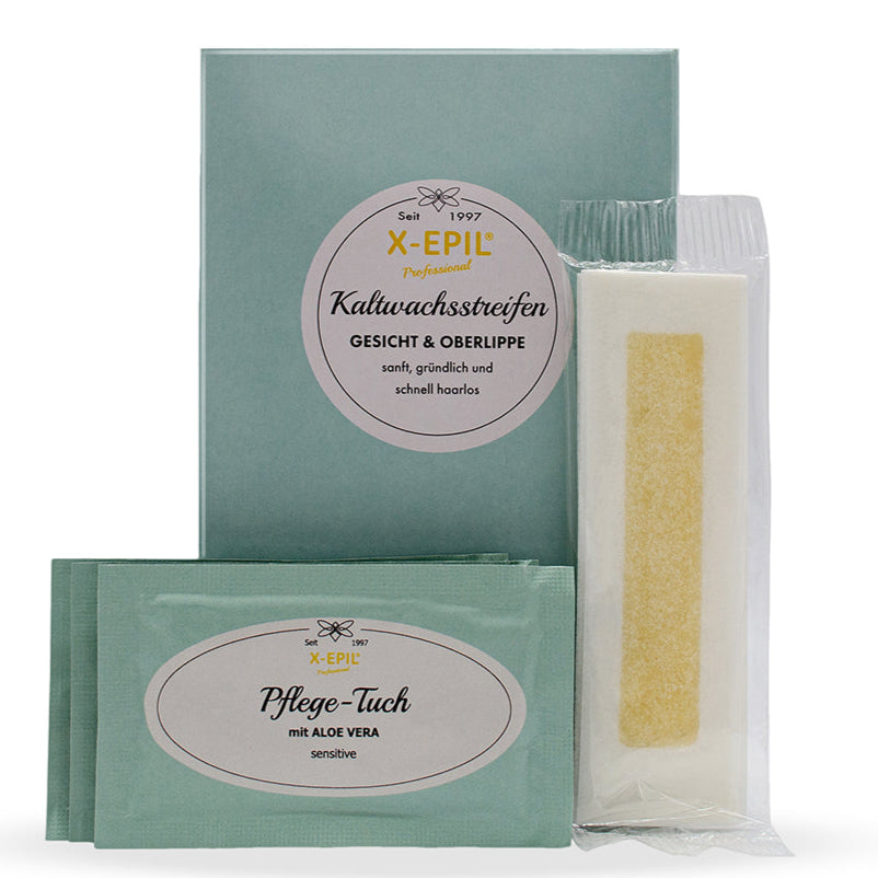 X-EPIL Kaltwachs-Enthaarungsstreifen schmal – Gesicht, 24Stk, Umkarton Wachsstreifen und Aloe Vera Pflegetücher