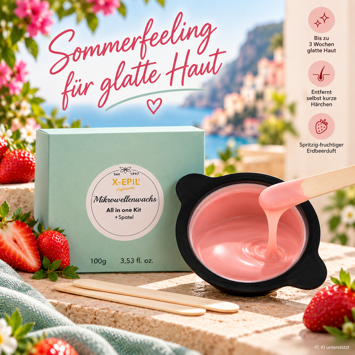X-EPIL Microwave Wax All in One Kit – für raue Haut, 100g, Umkarton Spatel und Wachskasserole mit sommerlichem Hintergrund