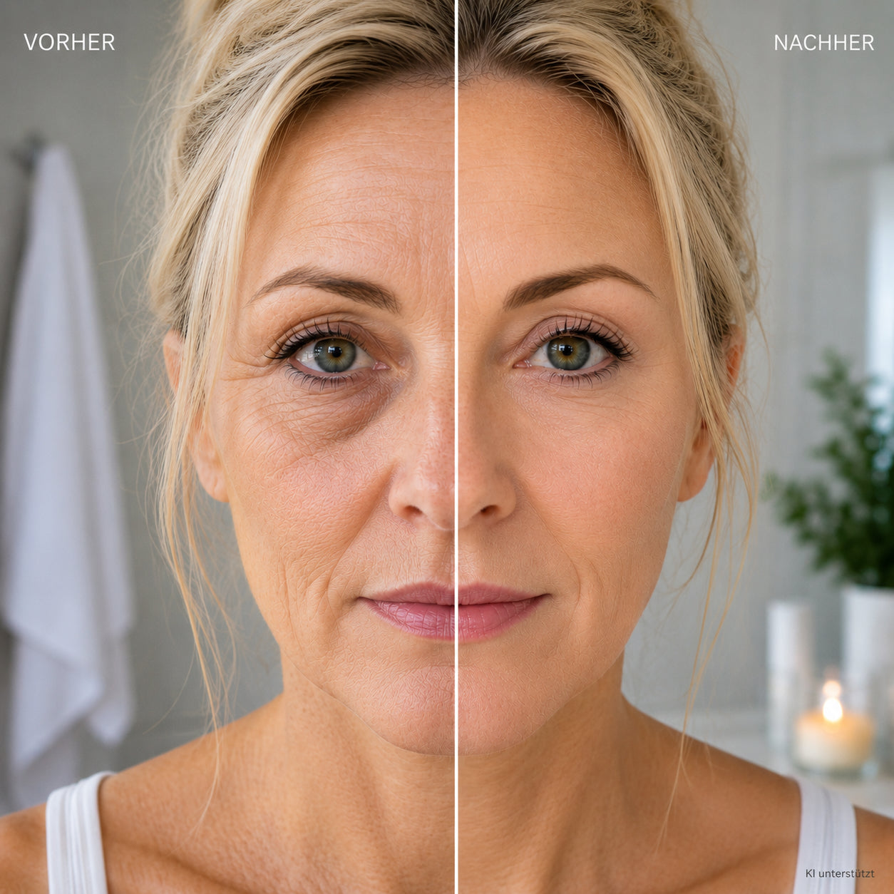 Eine Frau mit Augenschatten vorher nachher