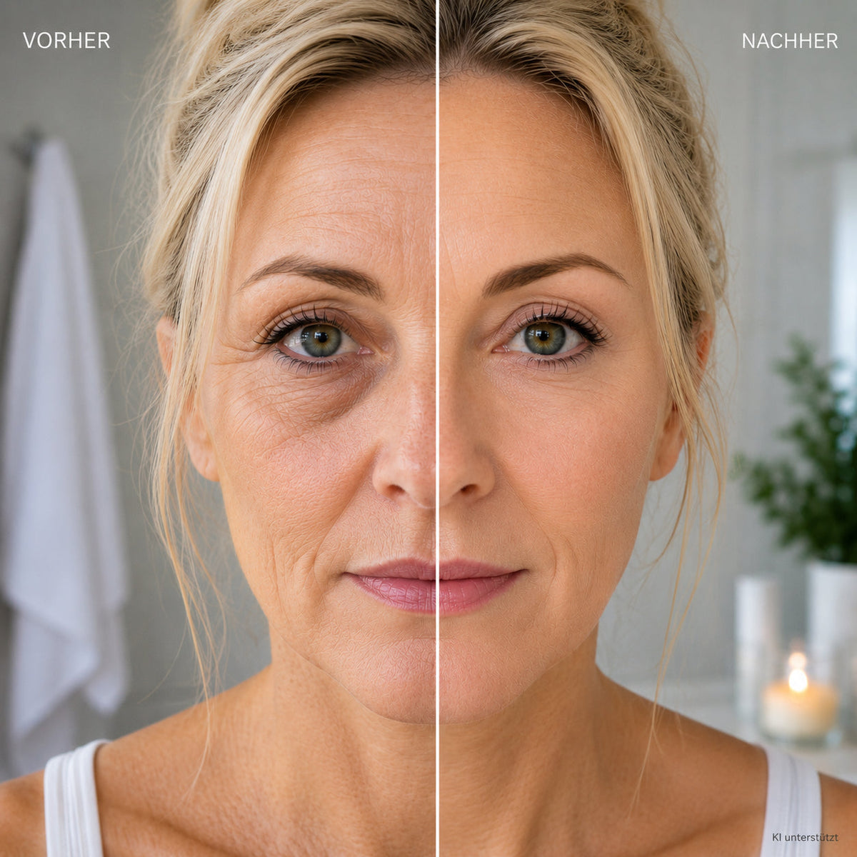 Eine Frau mit Augenschatten vorher nachher