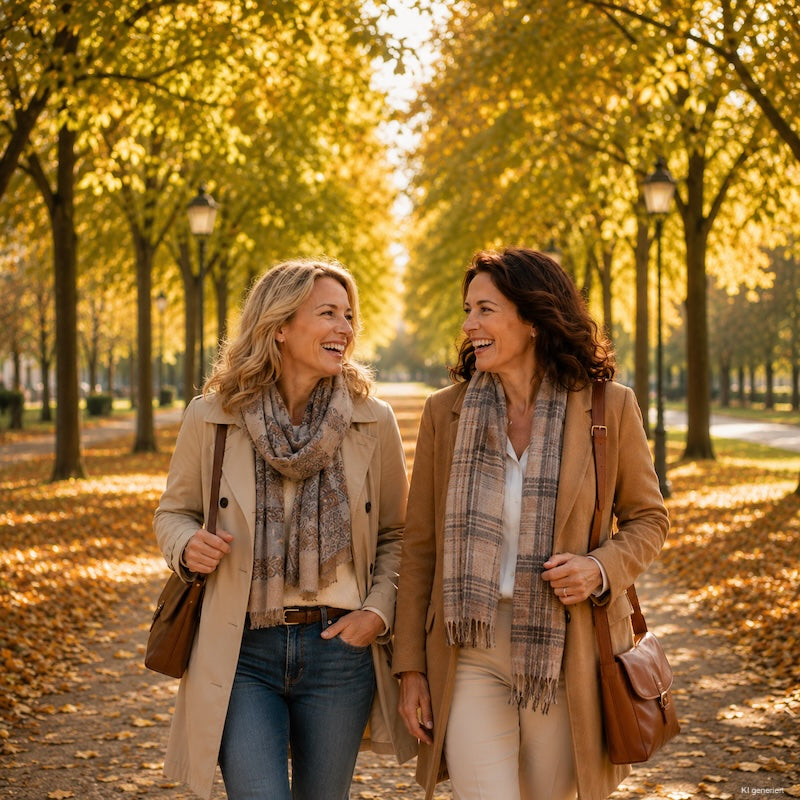 Zwei Frauen ab 35 Jahren spazieren lachend durch eine herbstliche Baumallee im Spätsommer und genießen die ersten kühleren Herbsttage in stilvoller Kleidung.