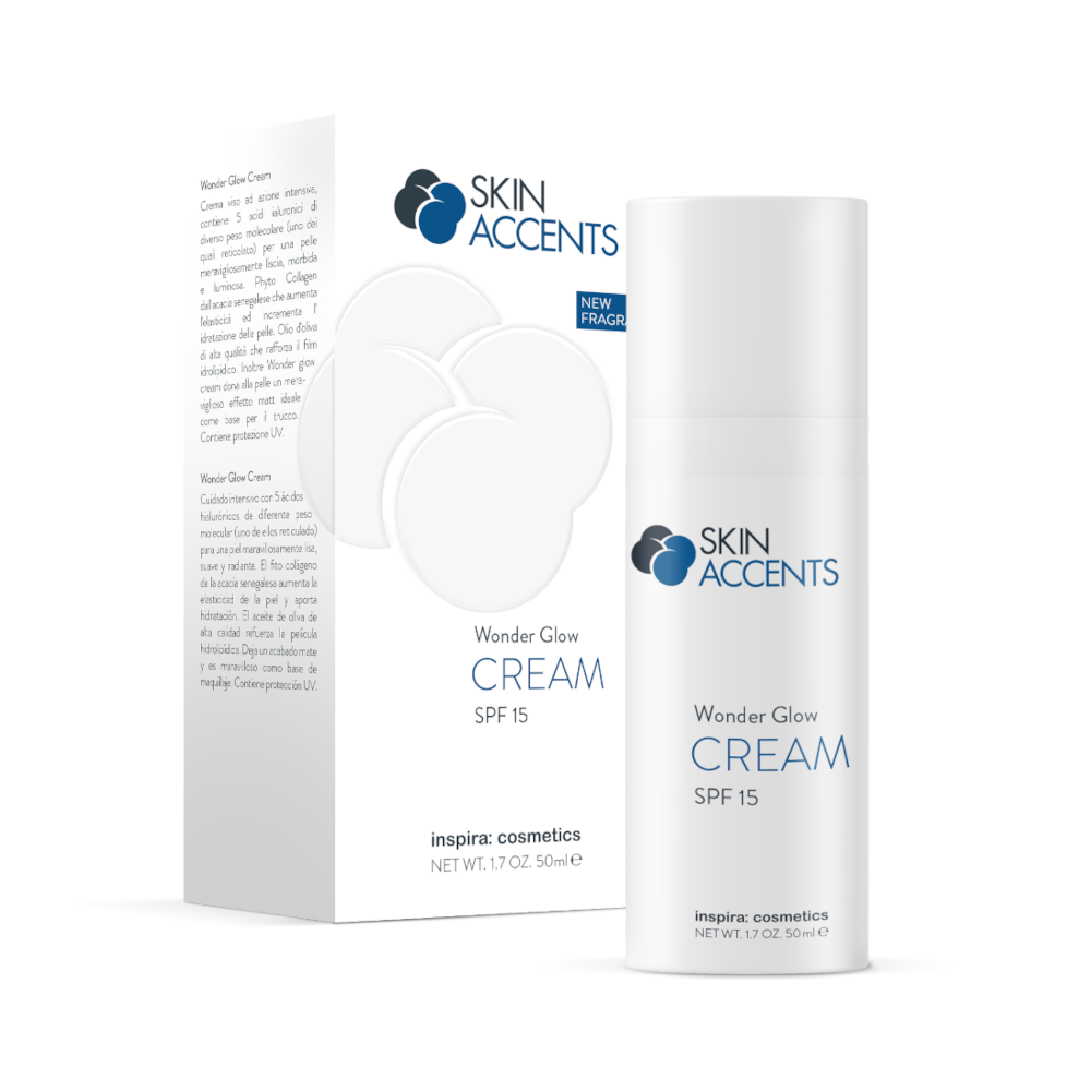 INSPIRA:COSMETICS Skin Accents Wonder Glow Cream SPF15 – Glättende Pflege mit Glow-Effekt & SPF15, 50ml, Pumpspender und Umkarton
