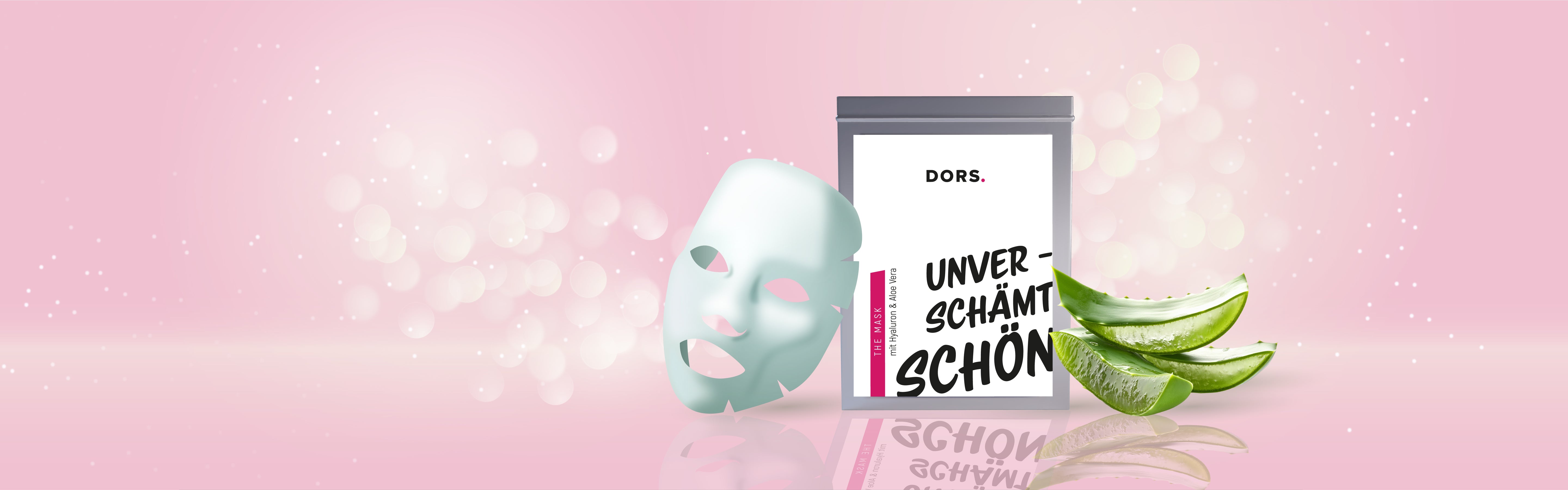 Banner der neuen DORS The Mask – einer Hyaluron-Tuchmaske mit Aloe Vera. Rechts daneben steht das Angebot: 5 Stück gratis ab einem Einkaufswert von 99 Euro – Aktionshinweis - Eigenmarke der Beautymanufactur