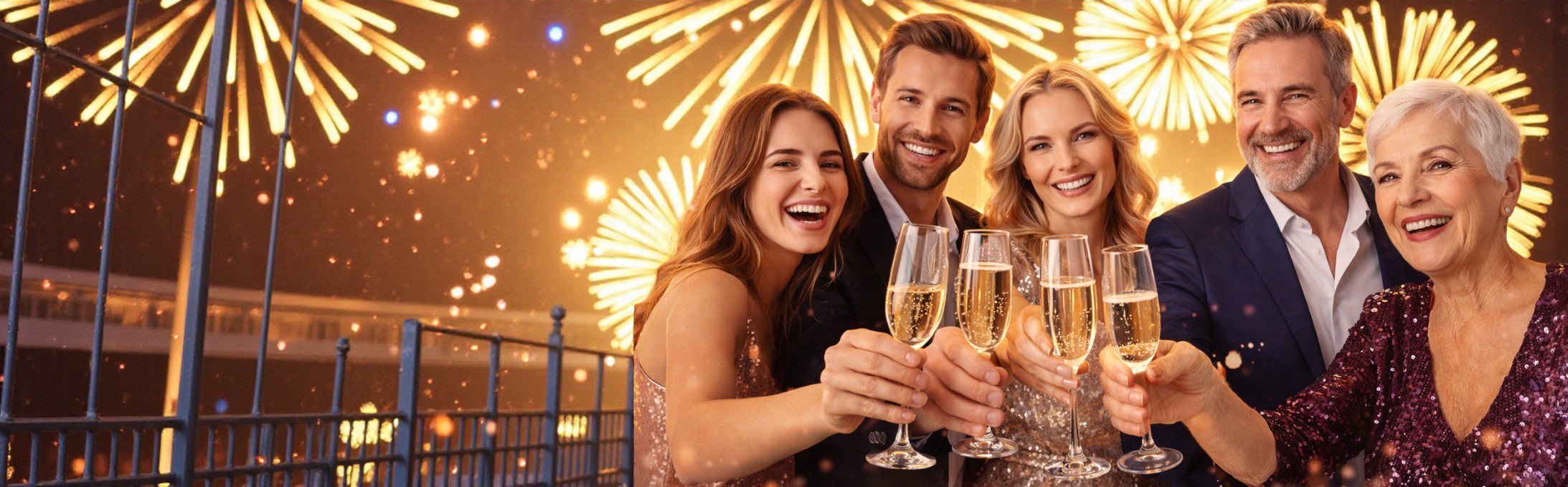 Alle Mitarbeiter des Beautymanufactur Onlineshops stoßen festlich mit Champagner an und wünschen zum Countdown einen guten Rutsch nach 2026 – fröhliche Frauen und Männer verschiedener Altersgruppen feiern gemeinsam vor funkelndem Silvesterfeuerwerk.