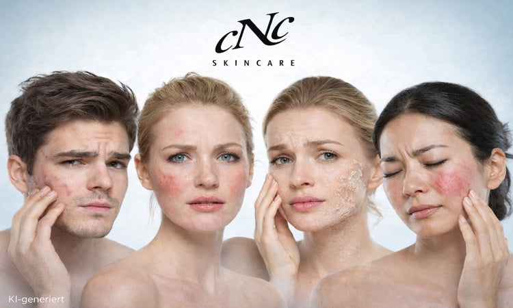 CNC Skincare Hautbedürfnisse im Überblick: verschiedene Hauttypen mit Rötungen, trockener Haut, sensibler Haut und unreiner Haut – professionelle Hautpflege für individuelle Hautprobleme.
