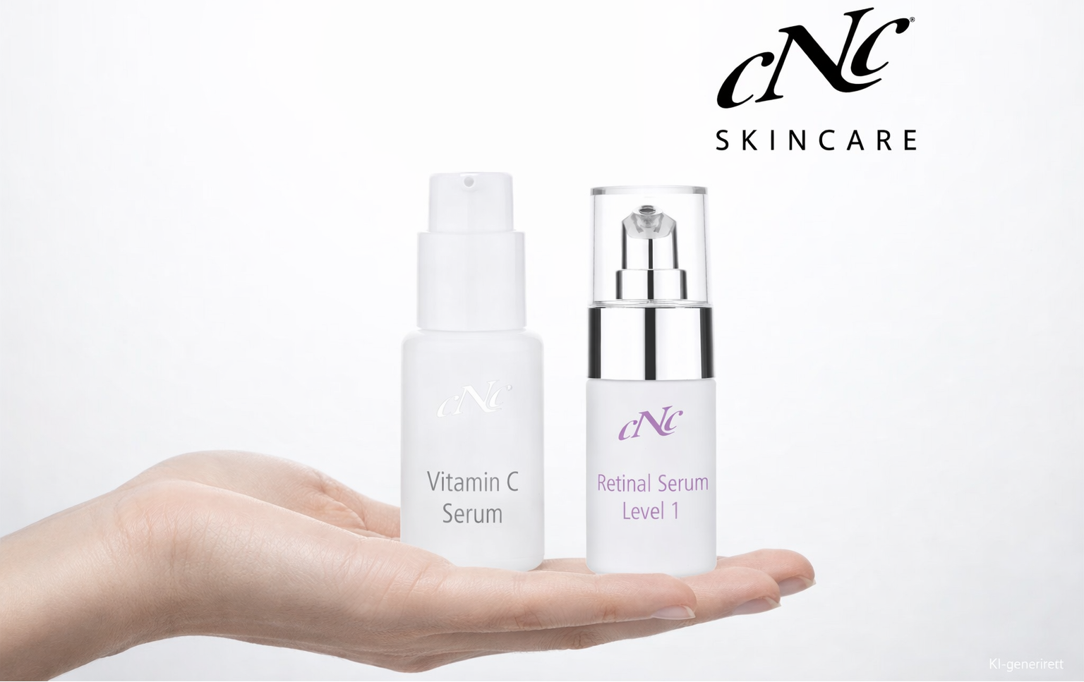 Zwei CNC Skincare Produkte – Vitamin C Serum und Retinal Serum Level 1 – stehen auf einer offenen Hand vor einem cleanen weißen Hintergrund. Oben rechts ist das CNC-Logo zu sehen