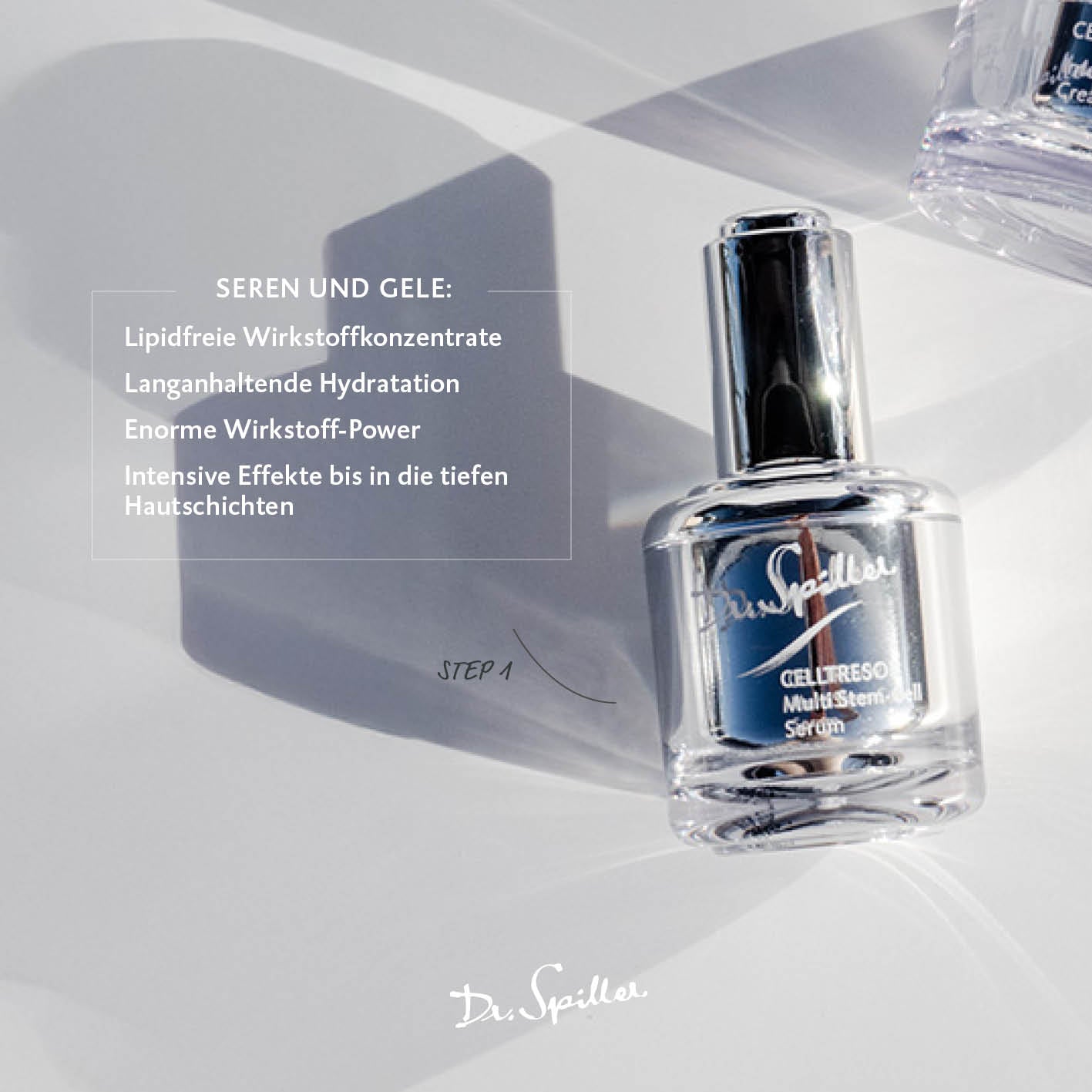 DR SPILLER CELLTRESOR Multi Stem-Cell Serum – 30 ml, Spender auf Steinplatte