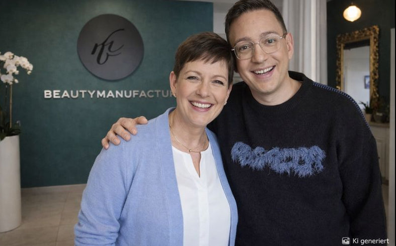 Marco von der Beautymanufactur steht im Studio zusammen mit einer glücklichen Kundin. Sie ist glücklich und freut sich über die gute Beratung