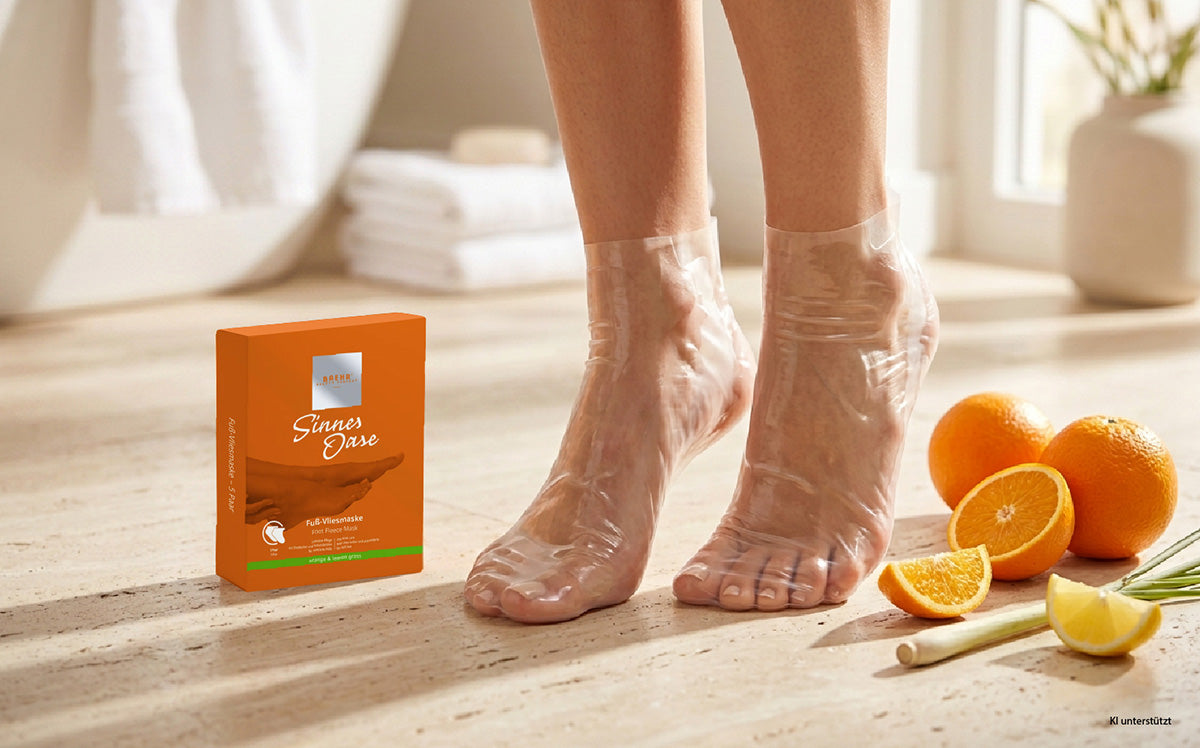 BAEHR Sinnes Oase Fuß-Vliesmaske an den Füßen, Verpackung der Fußmaske und Orangen auf dem Badezimmerboden, mit gefalteten Handtüchern im Hintergrund.