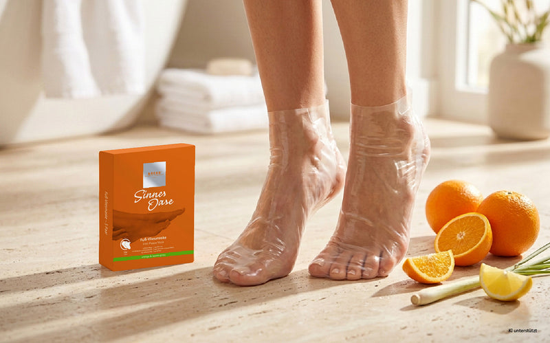 BAEHR Sinnes Oase Fuß-Vliesmaske an den Füßen, Verpackung der Fußmaske und Orangen auf dem Badezimmerboden, mit gefalteten Handtüchern im Hintergrund.