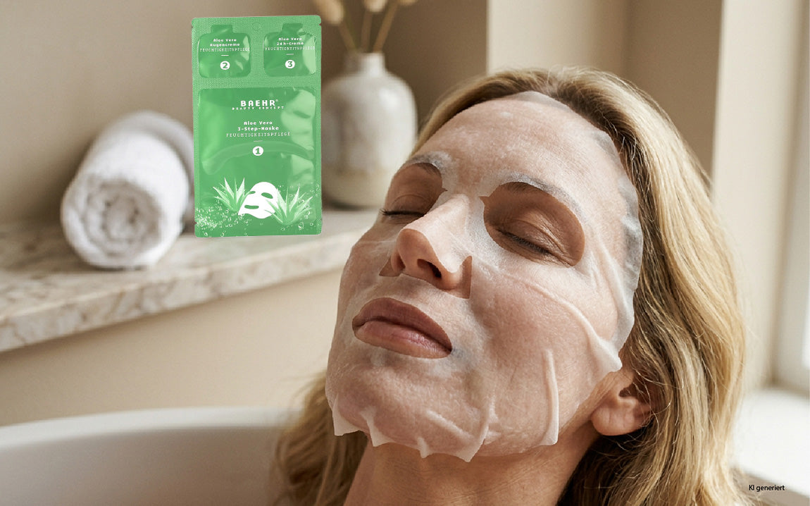 Nahaufnahme einer Frau mit geschlossenen Augen in der Badewanne, deren Kopf am Wannenrand ruht, mit BAEHR beauty concept Aloe Vera 3-step Maske auf dem Gesicht. Daneben stehen die Maskenverpackung, ein gerolltes kleines Handtuch und eine Vase mit Blumen.