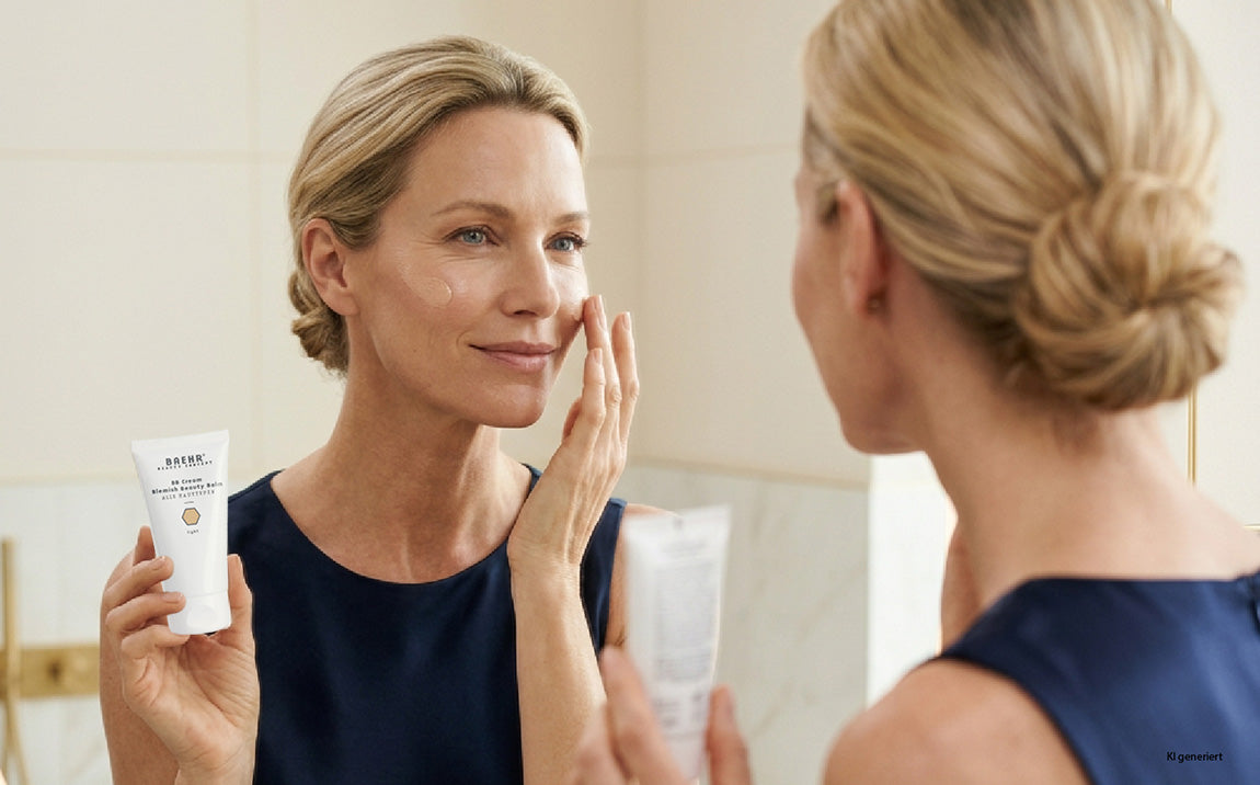 Frau betrachtet sich lächelnd im Spiegel und trägt BAEHR BB Cream medium Blemish Beauty Balm auf die Gesichtshaut auf, während sie die Tube der BB Cream in der anderen Hand hält.
