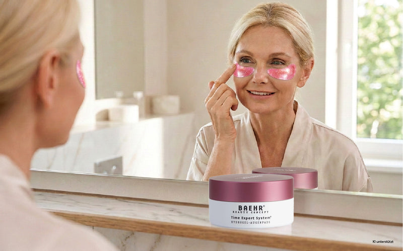 Frau im Badezimmer trägt BAEHR Time Expert System - Hydrogel-Augenpads auf und hält einen Augenpad unter dem Auge, während die Packung auf der Ablage neben dem Spiegel steht.