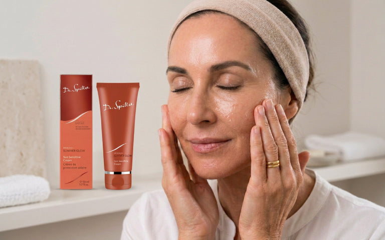 Frau mit geschlossenen Augen trägt die Summer Glow Sun Sensitive Cream SPF 50 von Dr. Spiller mit beiden Händen auf ihr Gesicht auf. Im Hintergrund stehen die Tube der Sonnencreme und die passende Kartonverpackung auf einer Ablage, daneben liegen gefaltete kleine Handtücher.