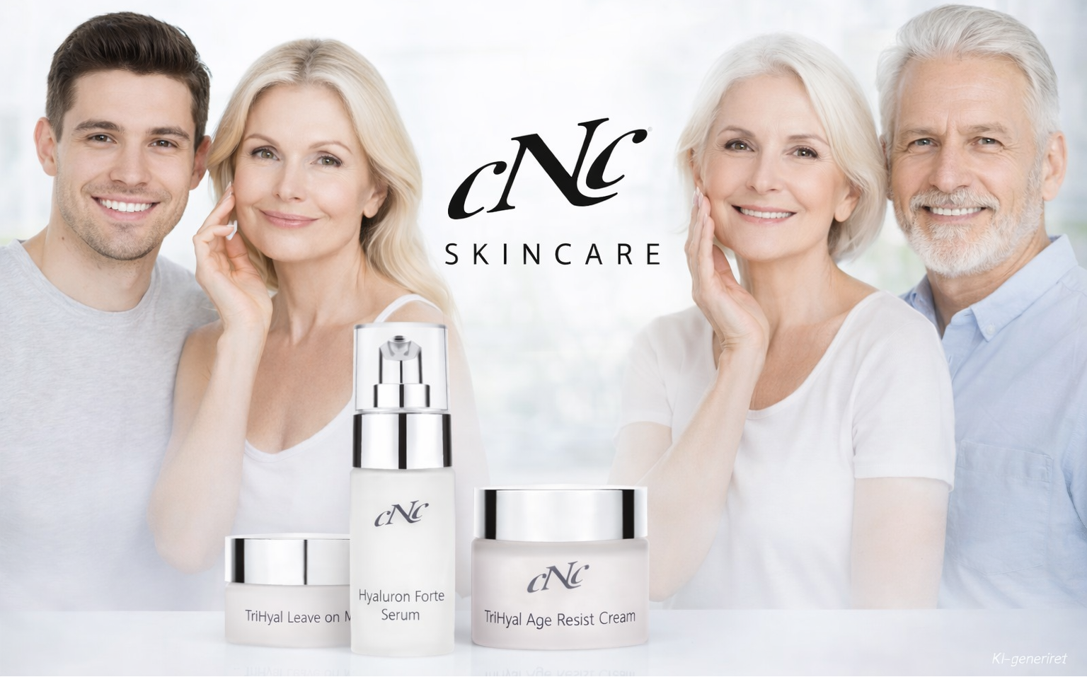 CNC Skincare Anti-Aging Produkte vor einem hellen Hintergrund, umgeben von vier strahlenden Personen verschiedener Altersgruppen – ideale Hautpflege für Frauen und Männer jeden Alters
