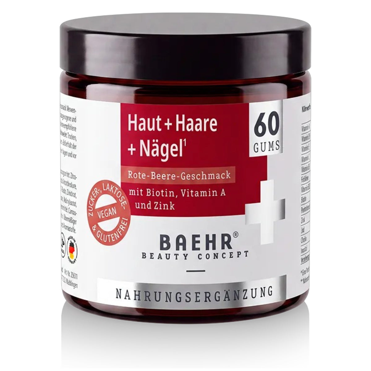BAEHR Haut + Haare + Nägel Gums mit Biotin, Vitamin A und Zink – Rote-Beere-Geschmack, 150g - 60 Stück