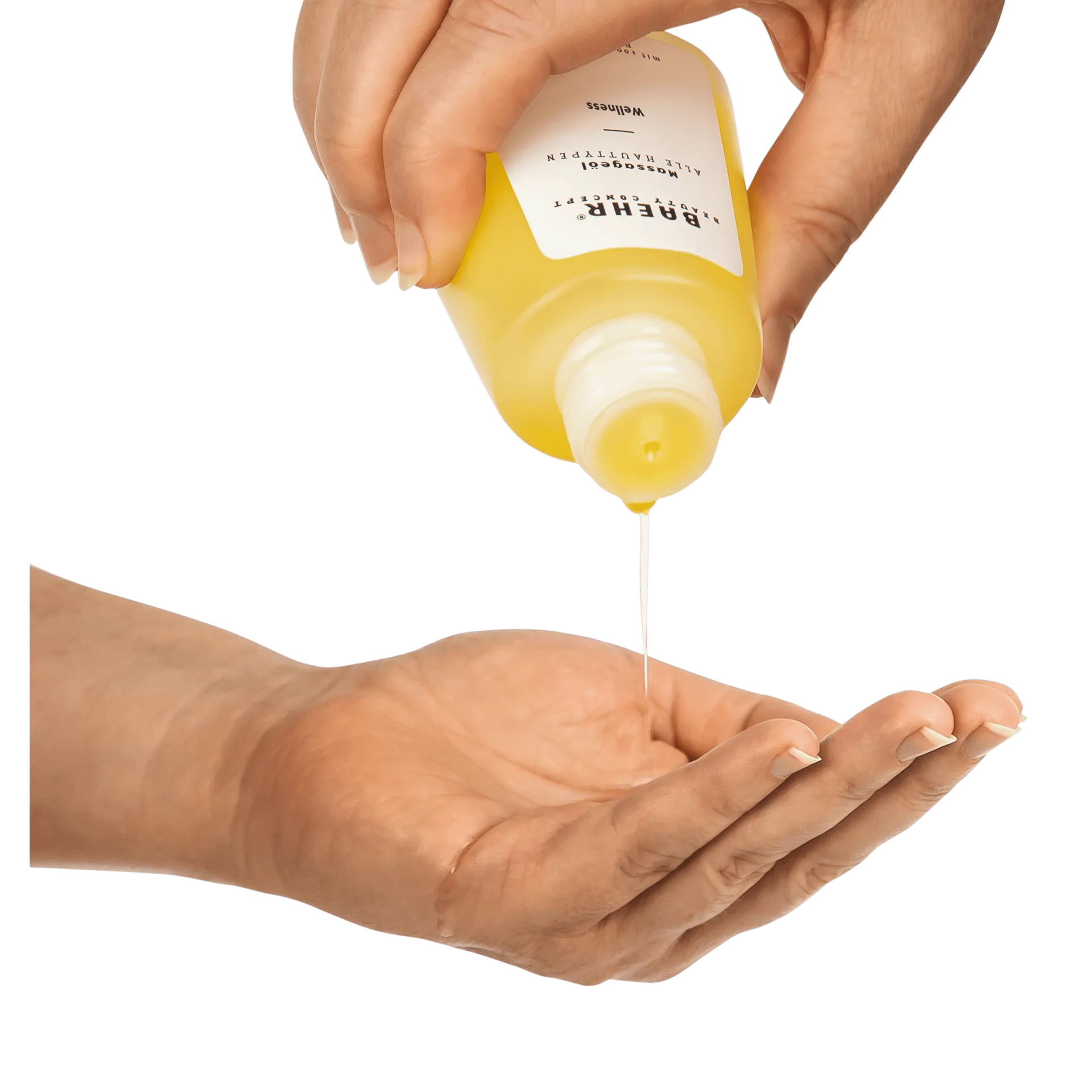BAEHR Massageöl Wellness – Pflege & Duftkomposition aus Naturölen, 100ml, Hand gibt Massageöl in Handfläche