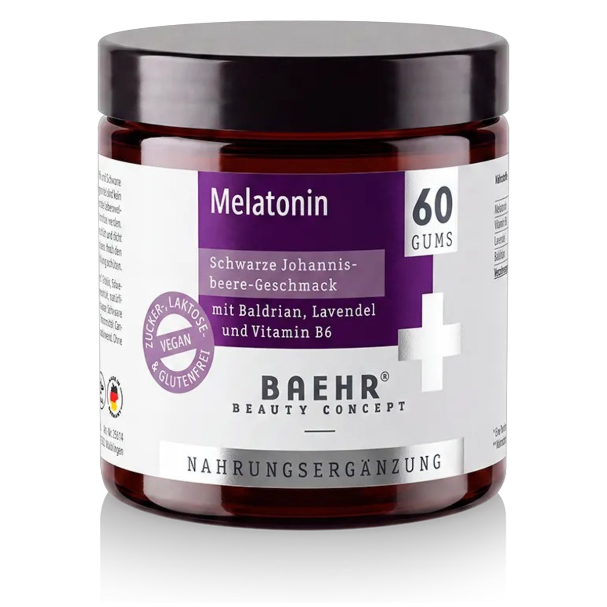 BAEHR Melatonin Gums mit Baldrian, Lavendel und Vitamin B6  – Schwarze-Johannisbeere-Geschmack, 150g - 60 Stück