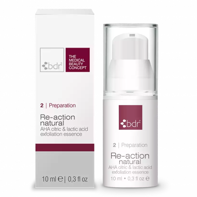 BDR MEDICAL BEAUTY Re-action natural – AHA citric & lactic acid exfoliation essence - Reisegröße, 10ml, Pumpspender und Umkarton