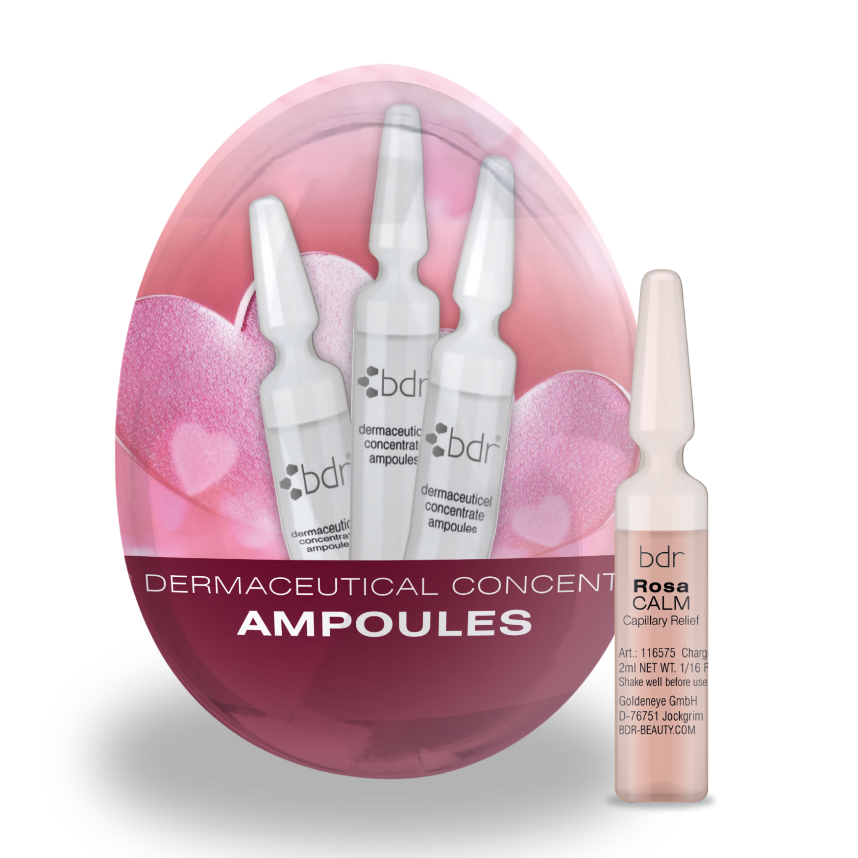 BDR MEDICAL BEAUTY Rosa Calm Ampullen-Ei – Osteraktion, 7x2ml +Dropper, Verpackung und Einzelampulle