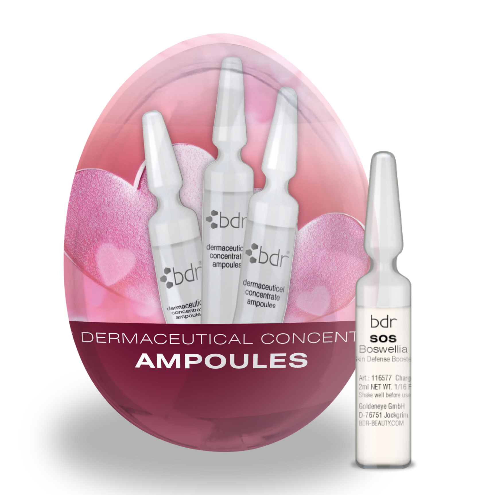 BDR MEDICAL BEAUTY SOS Boswellia Ampullen-Ei – Osteraktion, 7x2ml +Dropper, Verpackung und Einzelampulle