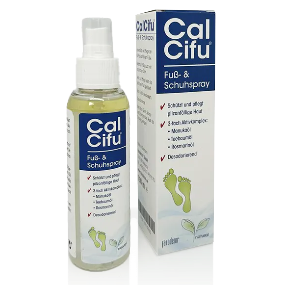 BODE Calcifu Natural Fuß- und Schuhspray – Pflege & Frische mit Pflanzenölen, 100ml, Sprühflasche neben Umkarton