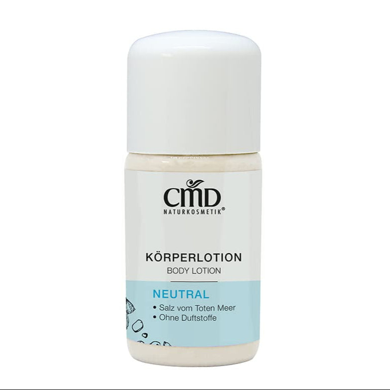 CMD NATURKOSMETIK Neutral Körperlotion – Salz aus dem Toten Meer wirkt feuchtigkeitsspeichernd und regeneriert irritierte Haut während Bio Mandelöl und Avocadoöl die Haut glätten und sie vor dem Austrocknen bewahren., 30ml