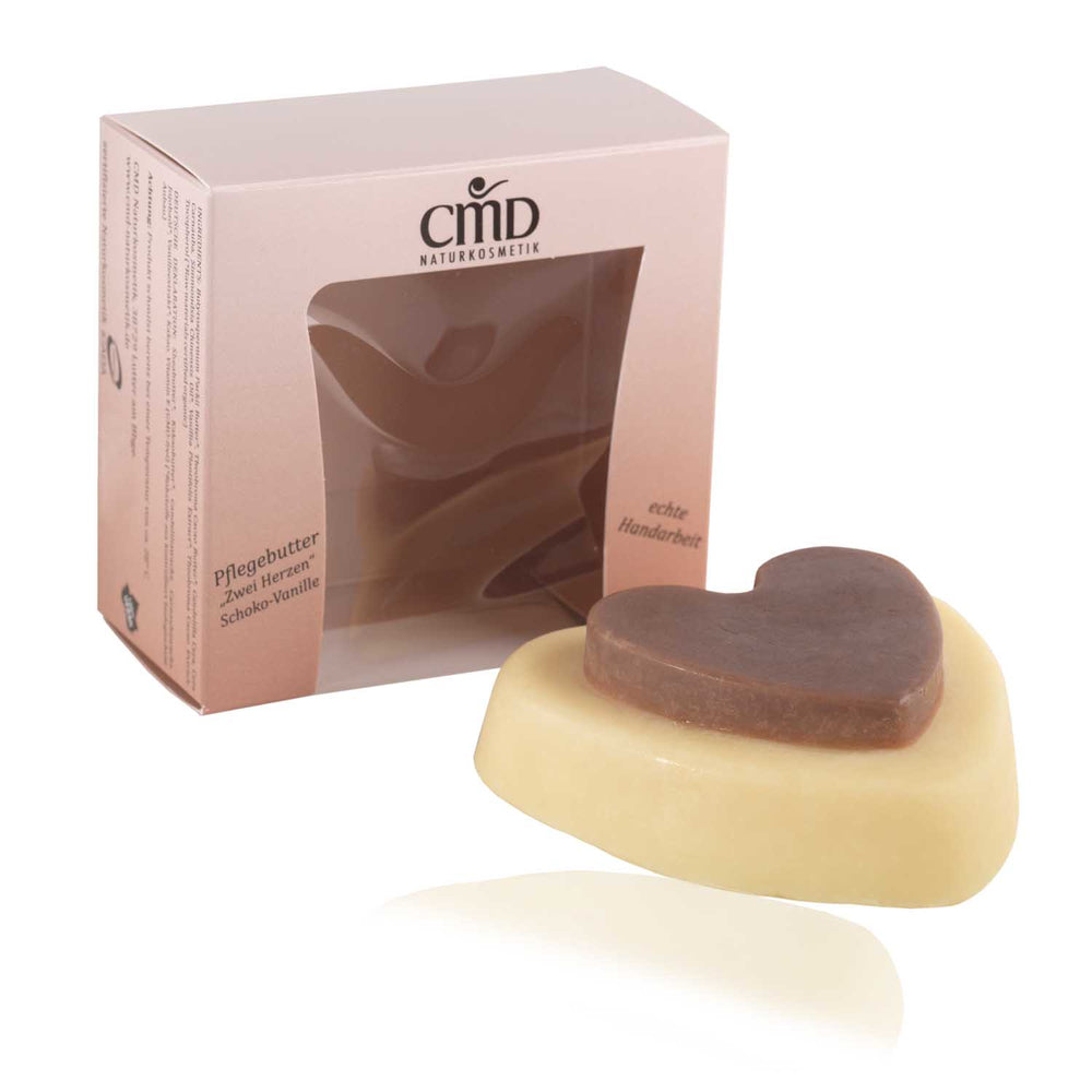 CMD NATURKOSMETIK Pflegebutter Zwei Herzen - Schoko-Vanille – Der hohe Anteil wertvoller Kakaobutter, Sheabutter und Jojobaöl aus kontrolliert biologischem Anbau pflegt die Haut intensiv und macht sie samtig weich., 90gr.