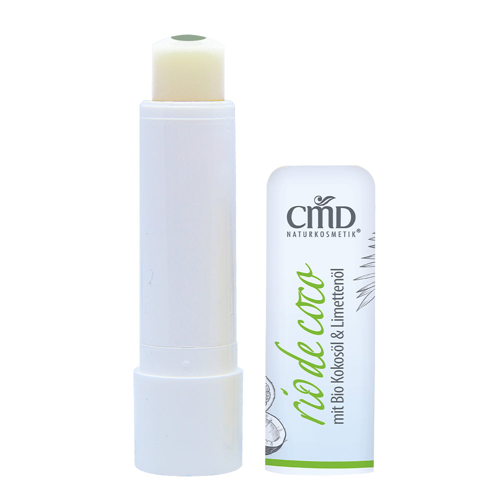 CMD NATURKOSMETIK Rio de Coco Lippenpflegestift mit Limettenkern – hilft, trockene, rissige sowie spröde Lippen zu regenerieren und macht sie weich und geschmeidig., 1St., geöffnet